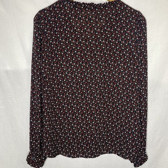 LOFT Blouse Floral Ruffle Trim V-Neck Puff Long Sleeve Pleated Womens S Black - Picture 3 of 13